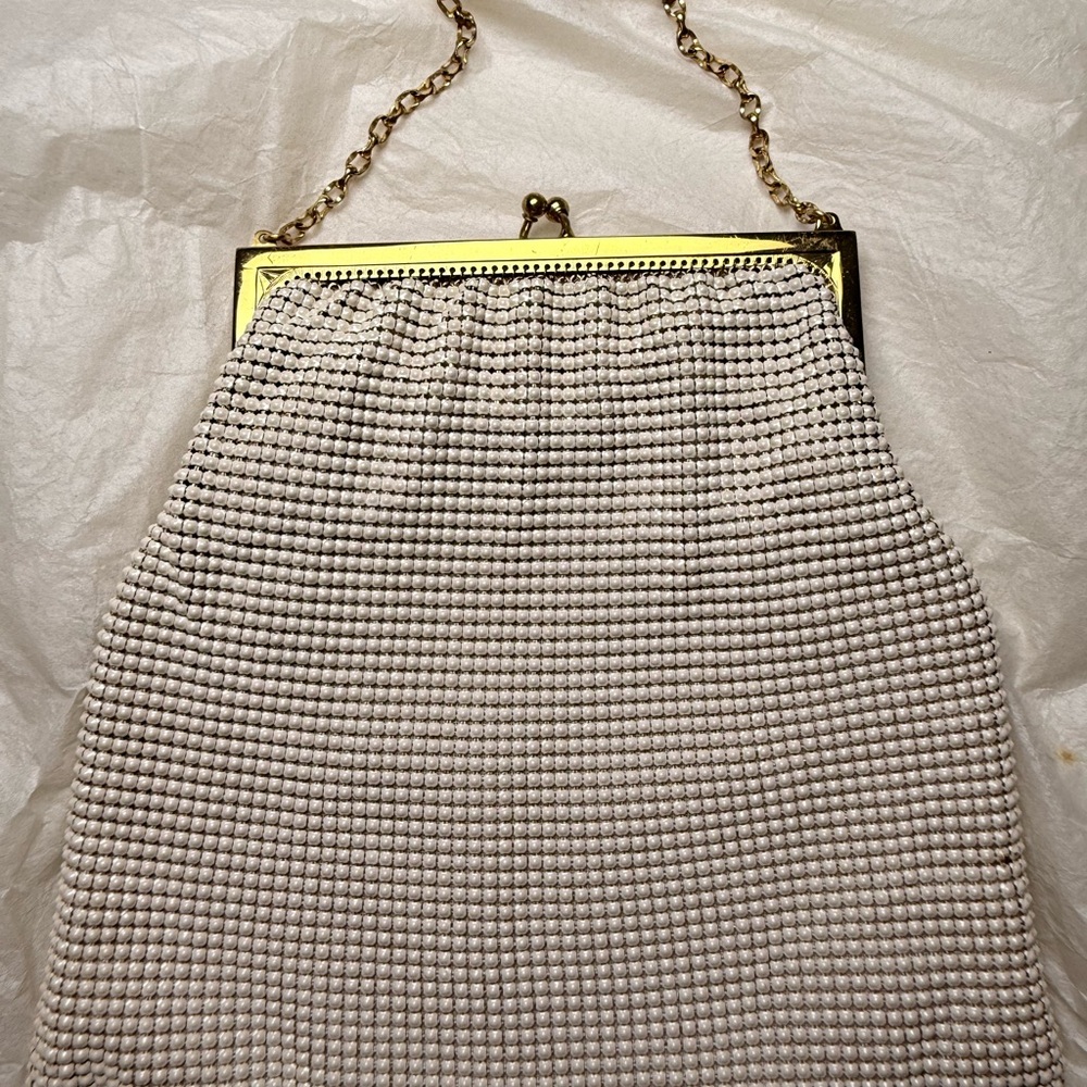 Vintage Whiting & Davis Mesh Evening Bag Gold Frame Cream Metal Mesh USA